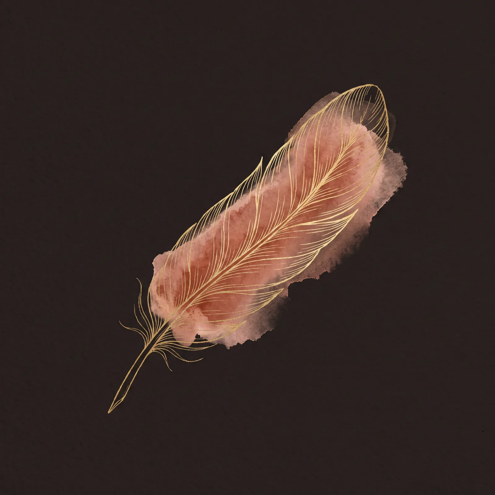 Illustrated feather in warm terracotta and gold ink