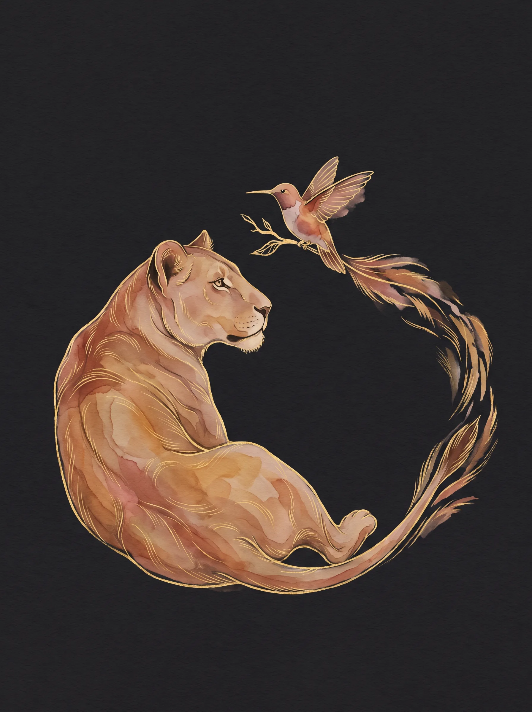 Illustrated hummingbird and lioness intertwined, symbolizing gentleness and strength